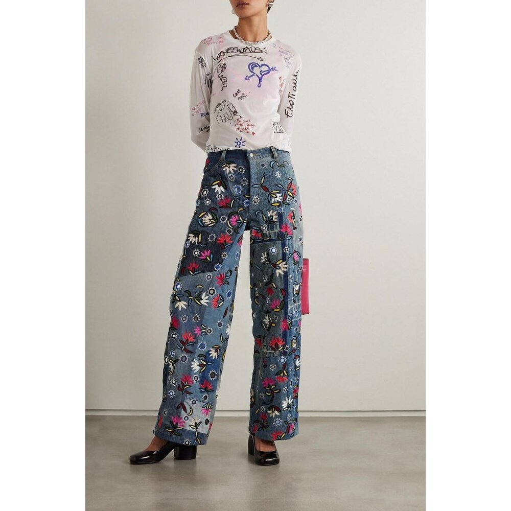 NWT Ashish Embellished Embroidered High Rise Straight Leg Jeans Blue Size Medium